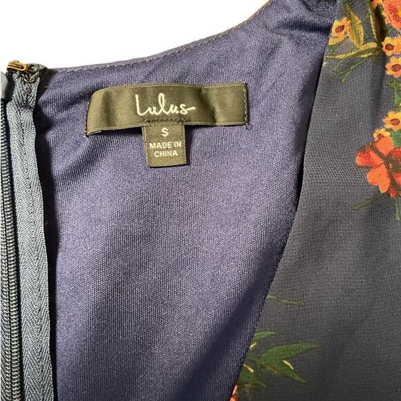 LULUS Floral Print Midi Dress Long Sheer Sleeves Zip Back Size Small Navy Blue - Picture 9 of 12